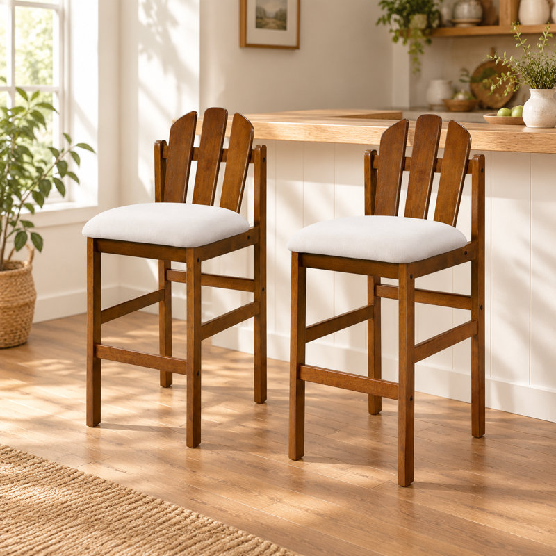 Tabouret de bar rembourré en bois d'hévéa, de style milieu du siècle, ensemble de 2, White