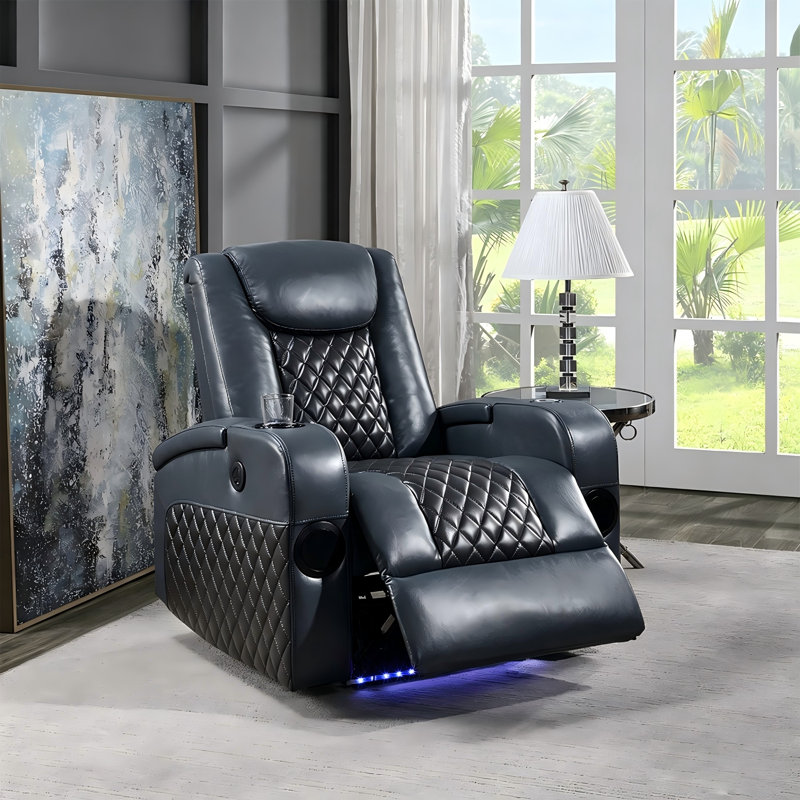 Fauteuil inclinable électrique de cinéma maison en similicuir bicolore bleu et noir avec porte-gobelet, haut-parleur Bluetooth et chargeur sans fil