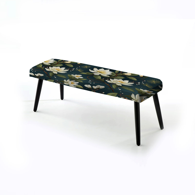 White Zen Floral Lotus Tranquility - Floral Upholstered Black Bench