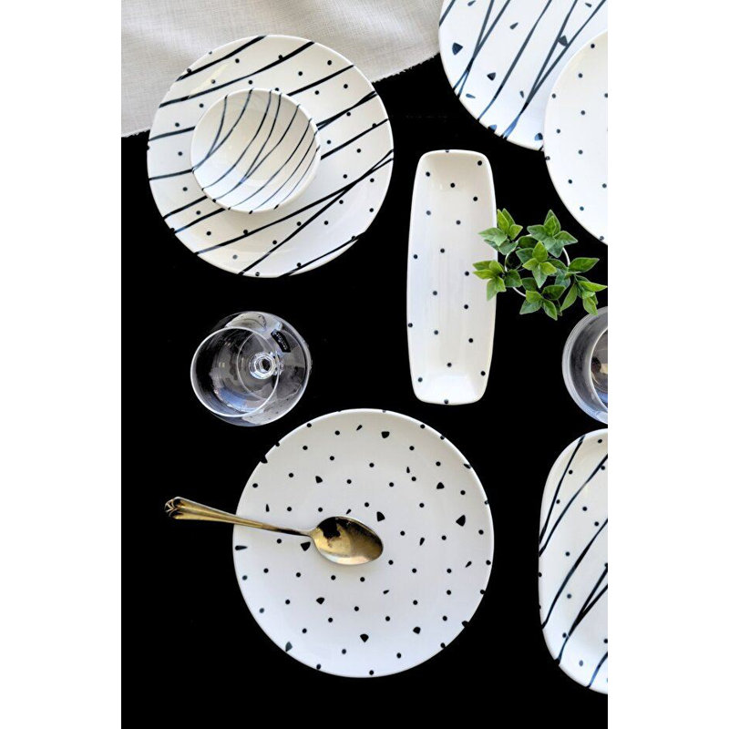 Ensemble de petit-déjeuner élégant 14 pièces, 100% porcelaine | Comprend 6 assiettes de service (7,9 pouces), 4 bols Joker (3,9 pouces), 2 plaques d'huile (7,5 x 4,7 pouces), 2 plateaux (7,9 x 2,8 pouces) | Va au lave-vaisselle et au micro-ondes, parfait pour un repas élégant
