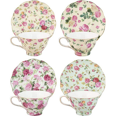 China By Coastline Imports Rose Chintz 8-ounce Porcelain Tea Cup And Saucer, Set Of 4 -  QXXSJ, hyx-B007P15FMK