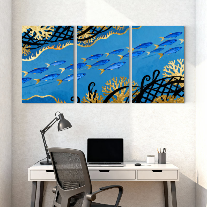 «Blue Fish Golden Coral Ocean Waves», ensemble de 3 impressions sur toile, H 18 po x l 36 po