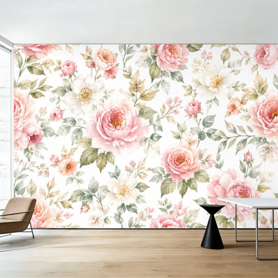 Papier peint adhésif vintage à motifs floraux roses et blanches, 254 cm (H) x 366 cm (L), en PVC amovible et autocollant, idéal pour chambre, salon ou bureau.