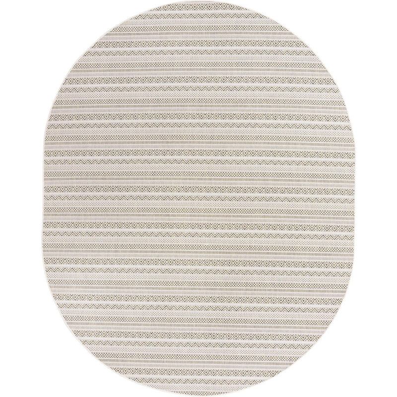 Tapis rayé en polypropylène tissé à la machine intérieur / extérieur gris clair, Ovale 7 pi 10 po x 10 pi
