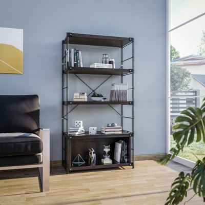 LeisureMod 66" Industrial Etagere Bookcase – 4-Tier Open Shelving Unit, Metal Frame & Wood Shelves, Modern Rustic Display Storage for Living Room, Hom by 17 Stories