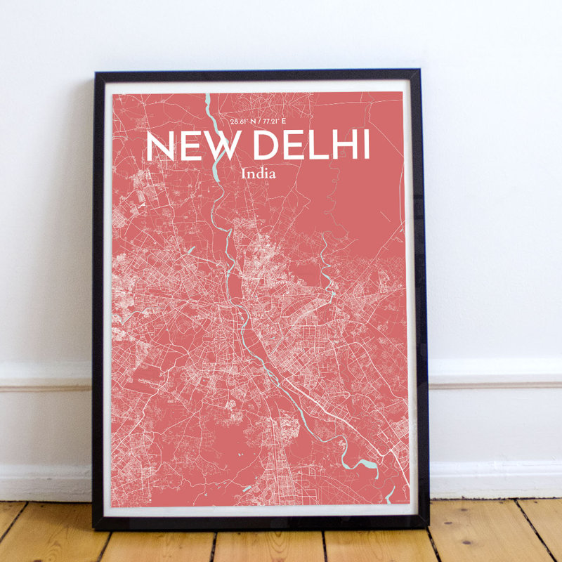 New Delhi City Map - Unframed Graphic Art Print on Paper, 43.2cm H x 27.9cm W x 0.13cm D, Pink