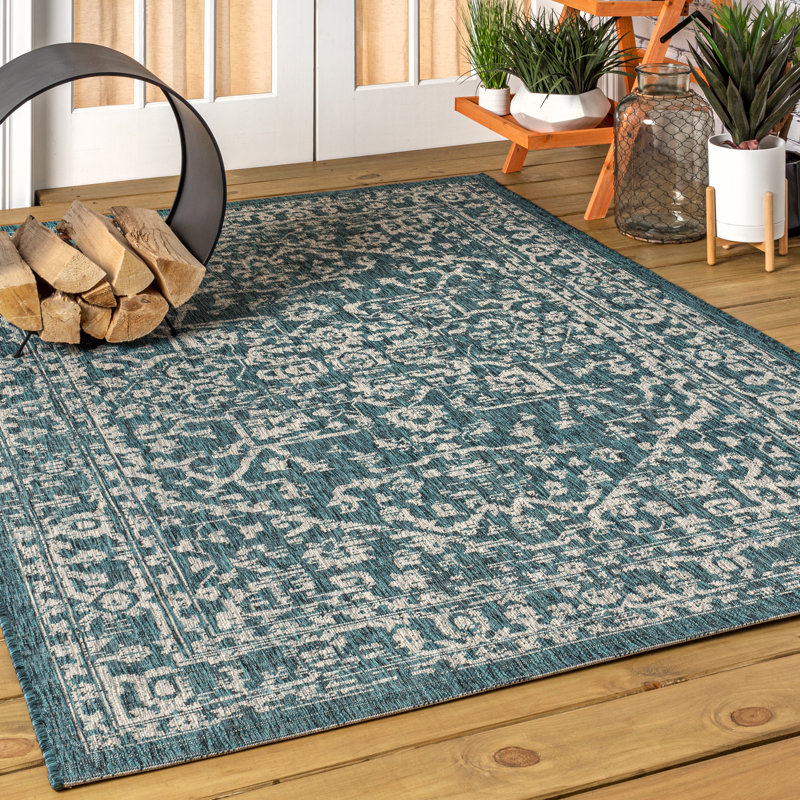 Massimo Bohemian Medallion Textured Weave Teal/Gray Indoor/Outdoor Rug, Rectangle 10' x 14'