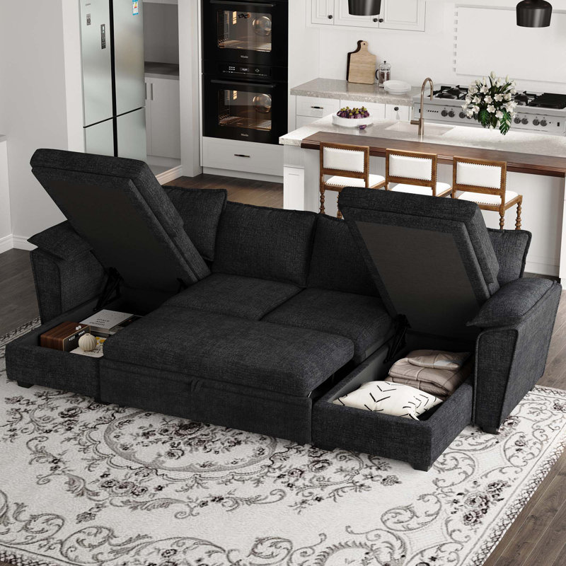Chenille U-Shaped 4-Seat Storage Sofa King Pull Out Bed Sleeper Livingroom Modular Sectional Sofa Apartment Couch