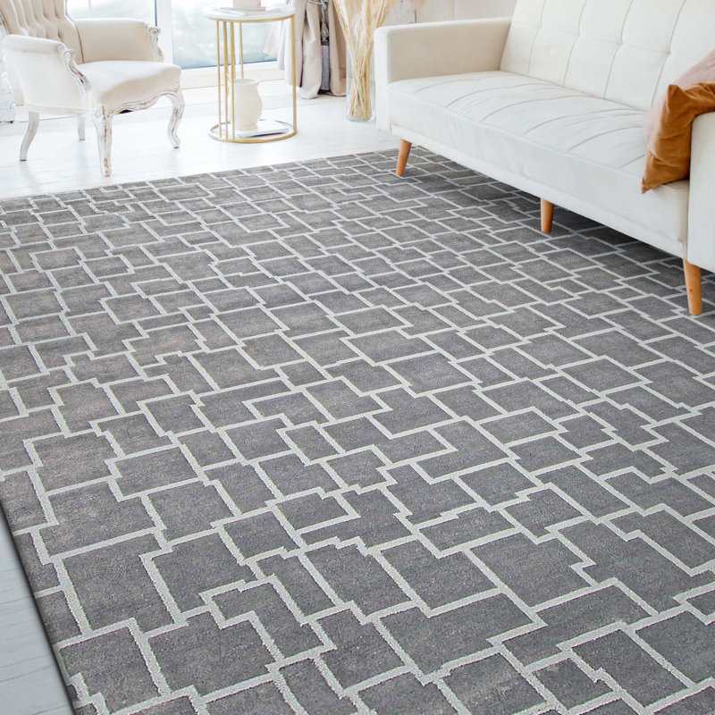 Hand Knotted Geometric Area Rug in Gray/White, Rectangle 8' x 10'
