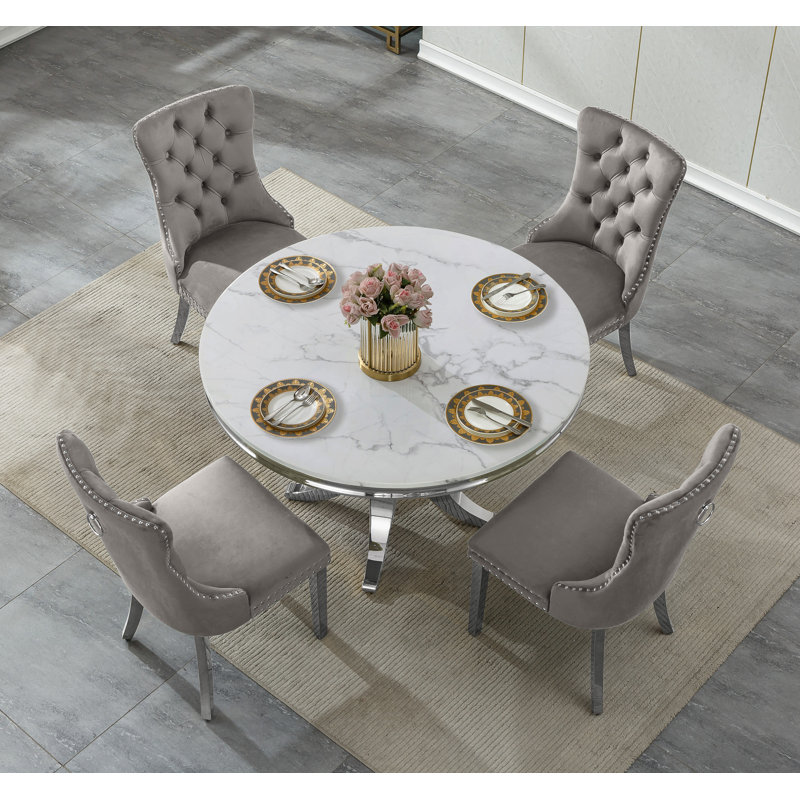 44.88" Round Dining Table Set for , Kitchen Table with Faux Marble Top, Dining Room Table & Velvet Chairs with Stainless Steel Pedestal, Piece Dining Table Set