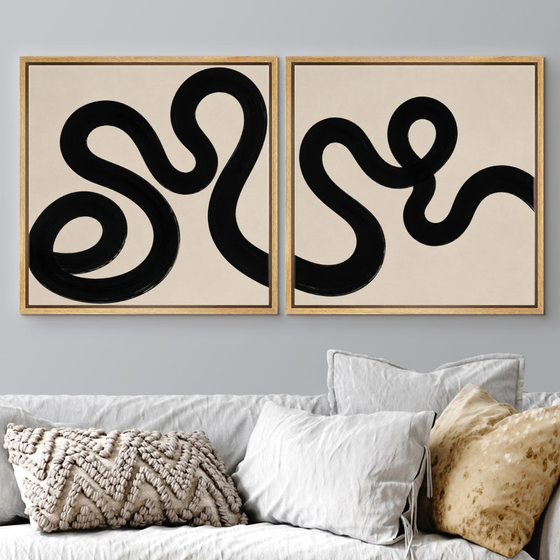 «Minimal Abstract Curved Line Art Neutral Art, Natural Framed, 24" H x 24" W x 1.5" D