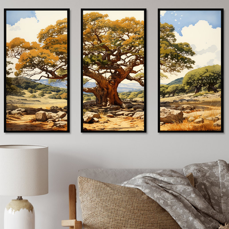 Tree Oaks Simplicity - ensemble de reproduction d'art mural chêne, H 28 po x l 36 po x P 1 po, Cadre flottant noir