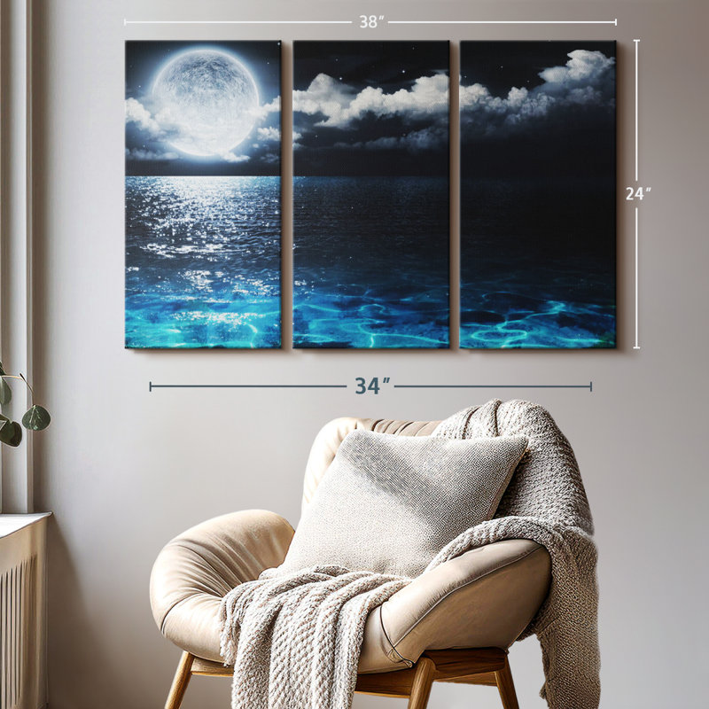 «Moonlit Blue Sea», 3 pièces sur toile, H 24 po x l 38 po x P 1,25 po