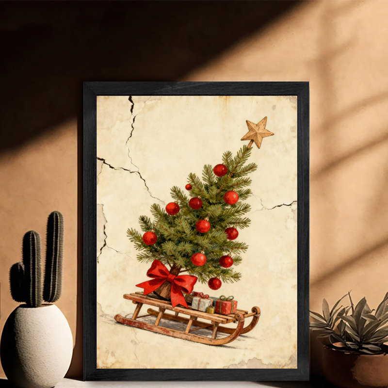 Reproduction d'art encadrée noire rétro «L'arbre de Noël sur le traîneau», H 17 po x l 13 po