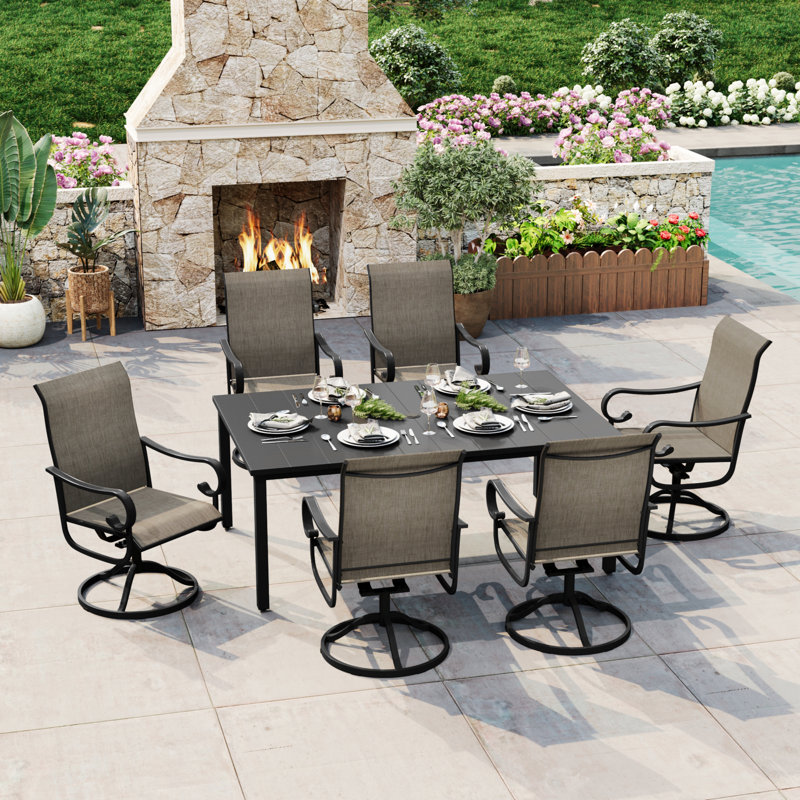 6-Person Rectangular Patio Dining Set With 360° Swivel Textilene Rocking Chairs, Black/Brown