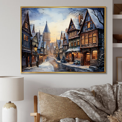 French Village Winter Sunset - Winter Landscape, art mural