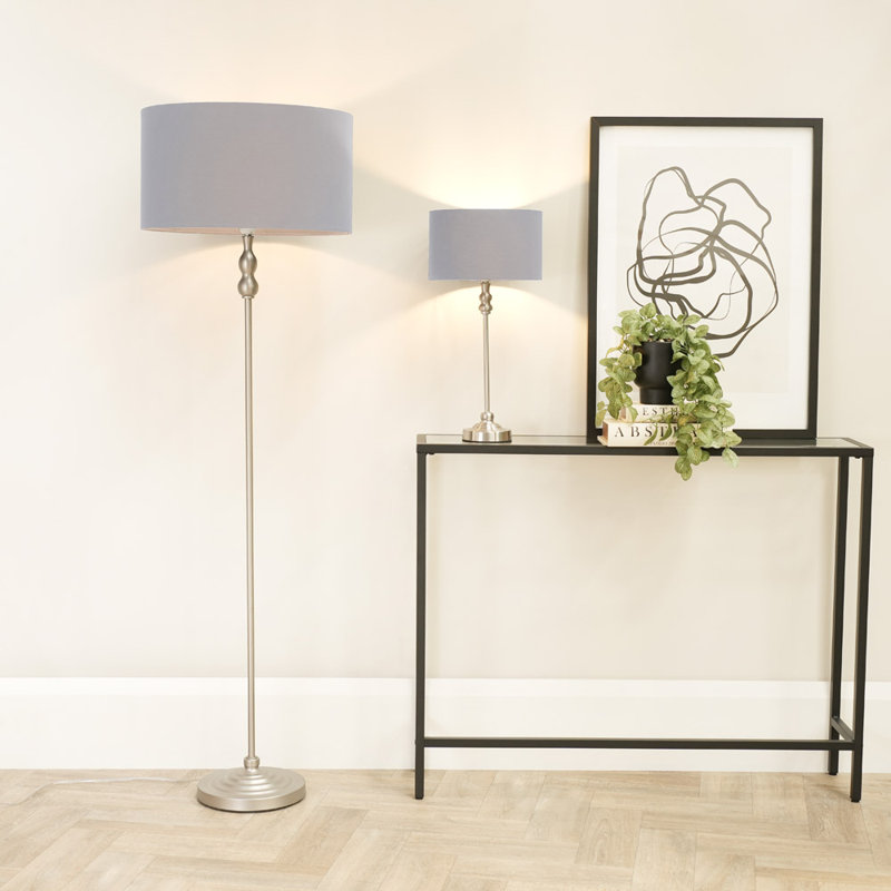 Saylorsburg Metal Table Lamp, No, Grey Fabric, Silver