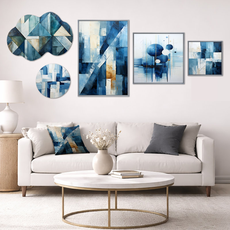 Ensemble de 5 décorations murales nautiques blanches et bleues à motif géométrique de formes géométriques IV (100 po x 40 po)