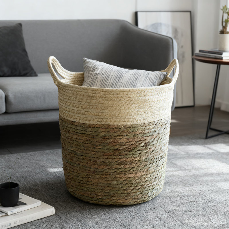 Handwoven Seagrass Storage Basket With Handles, Large Woven Laundry Hamper, Plant Pot Cover, Decorative Home Organizer For Bedroom, Bathroom, And Living Room