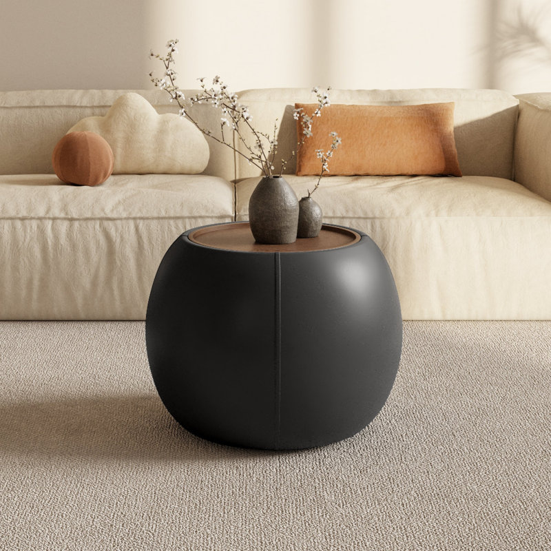 Repose-pieds rond moderne avec rangement - Table basse multifonction, Noir, H 19,60 po x l 23,60 po x P 23,60 po