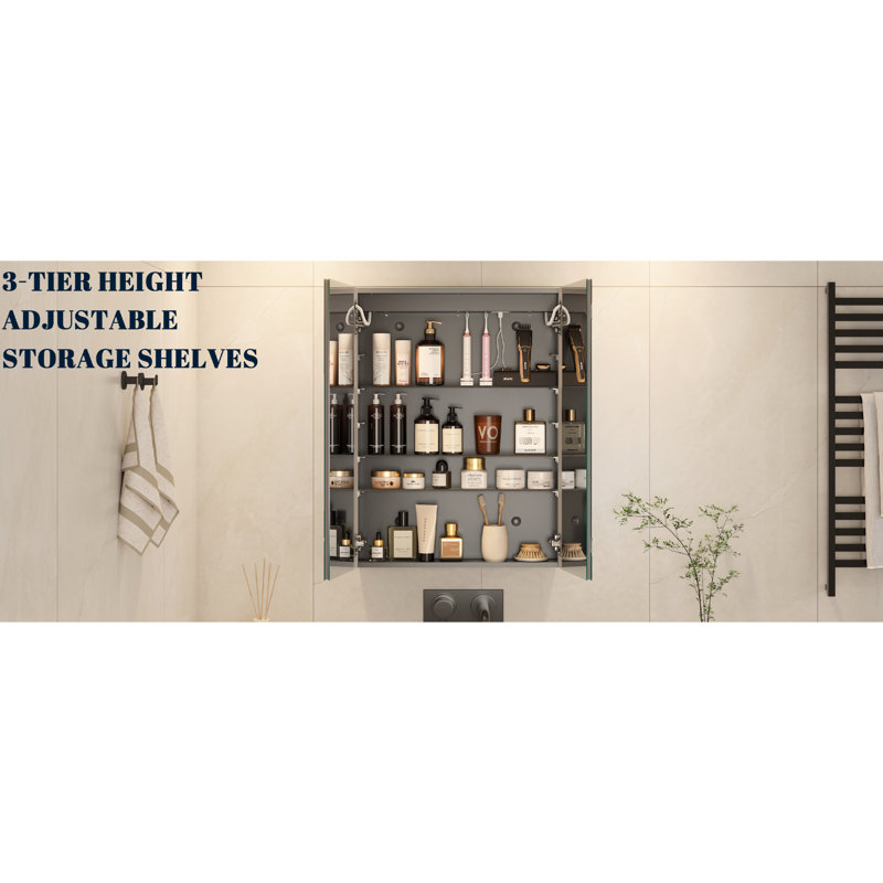 Armoire de rangement de salle de bain avec miroir et éclairage DEL argenté 81 x 61 cm (32 x 24 pouces) - Éclairage réglable, intensité variable, effet brume, étagères ajustables, 2 portes, prises électriques, intelligente avec variateur, finition brillante