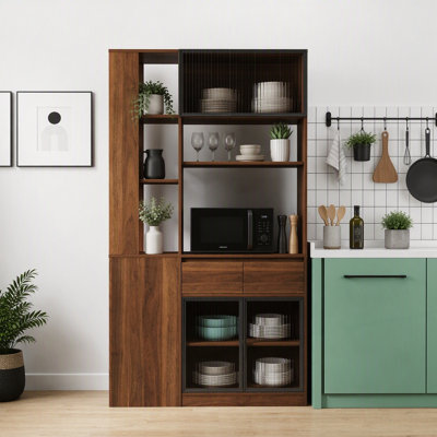 Armoire de rangement haute avec 5 tiroirs, portes et tablettes en verre, organisateur multifonctionnel