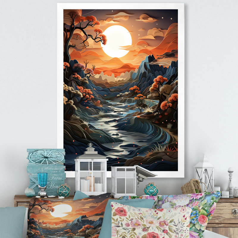 Rindge Sunset Moonlit Serenity Papercut I sur toile, H 20 po x l 12 po x P 1 po, Cadre photo blanc