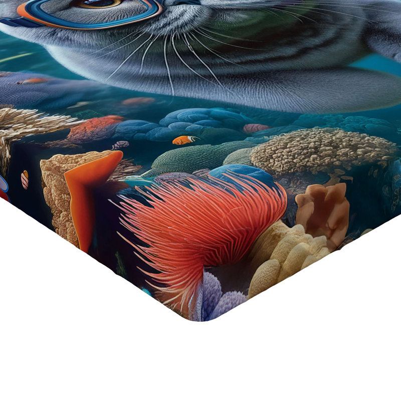 Drap-housse nautique Ambesonne_ Chat plongeur dans l'océan_ Turquoise multicolore, Drap-housse très grand californien