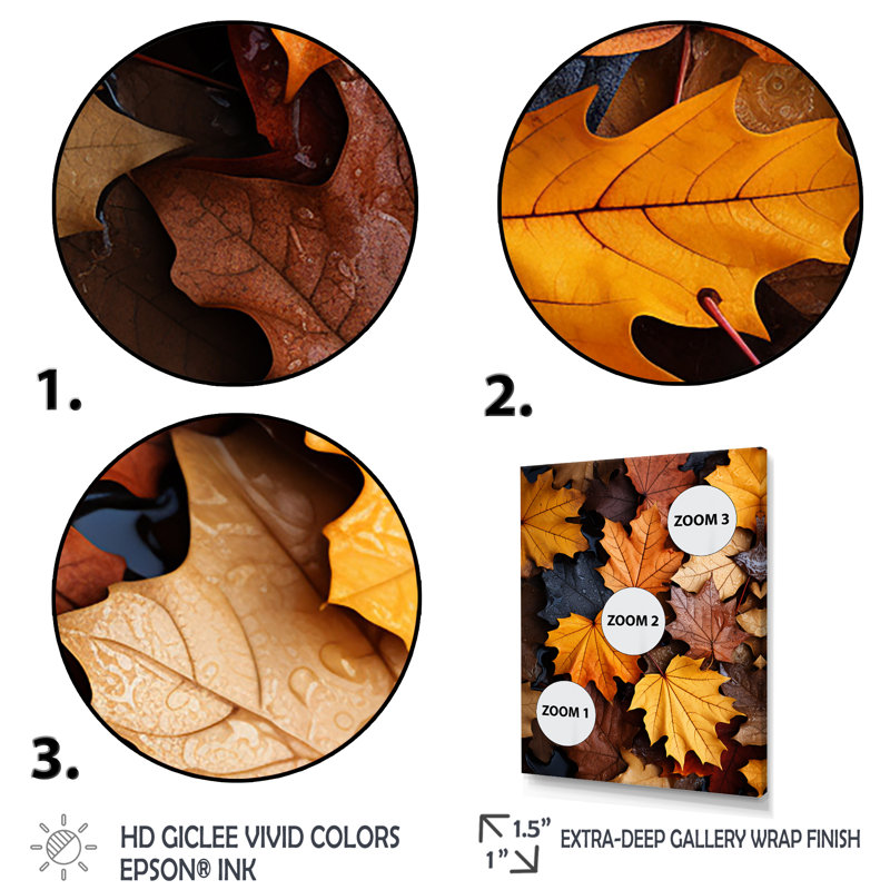 «Yellow and Orange Autumn Mapple Leaves 1» - art mural feuilles, Cadre flottant doré, H 20 po x l 12 po x P 1 po