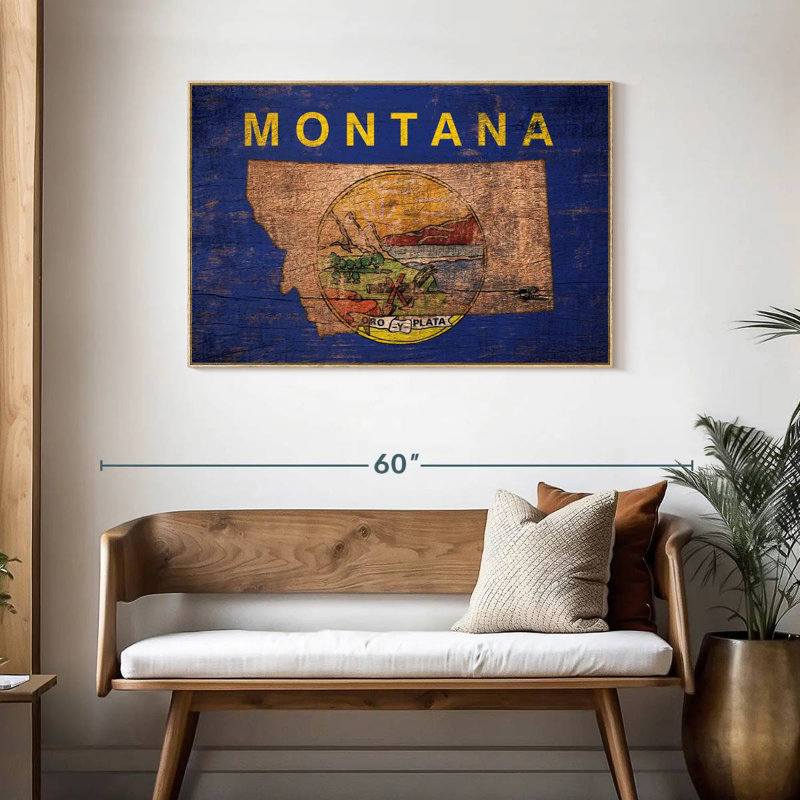 Carte de l'État sur le drapeau du Montana, Cadre flottant en bois naturel, 43 po x 29 po