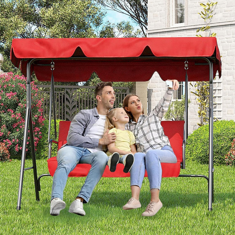 3-Seat Patio Swing Chair, Outdoor Porch Hanging Chairs with Adjustable Canopy and Armrests, Breathable Textilene Fabric Seat & Backrest, Swing Bench for Garden, Poolside, Backyard