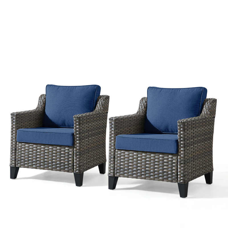 Wicker Outdoor Lounge Chair, All-Weather Wicker Armchair With 4 Inch Cushions For Patio Or Backyard Porch (2-Pack), Blue