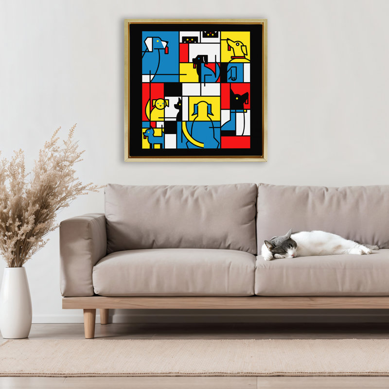 Cadre flottant abstrait Color Block Dogs, design par Tobe Fonseca, H 25 po x l 25 po, Cadre flottant métallique doré