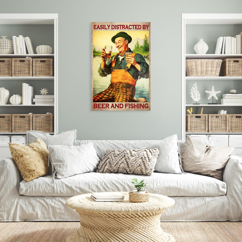 Bière et pêche sur toile, H 36 po x l 24 po x P 1,25 po