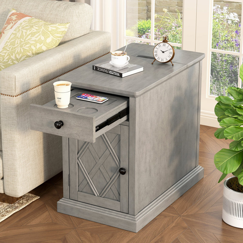Table de bout de salon classique avec ports USB et rangement, Gris antique