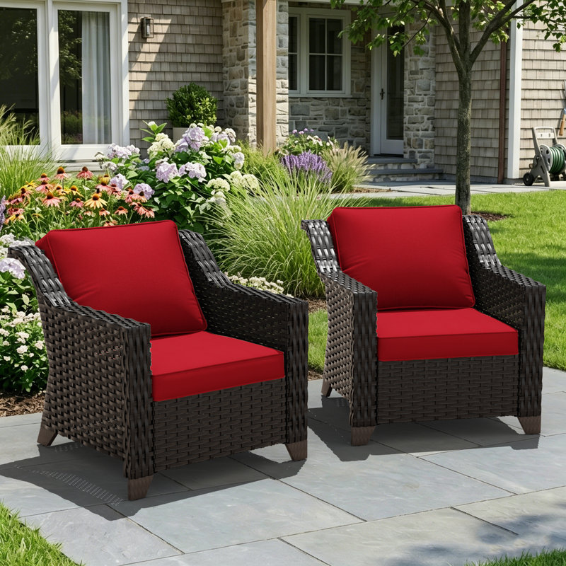 2-Piece PE Wicker Outdoor Lounge Armchair with 4" Thick Red Cushions, Red