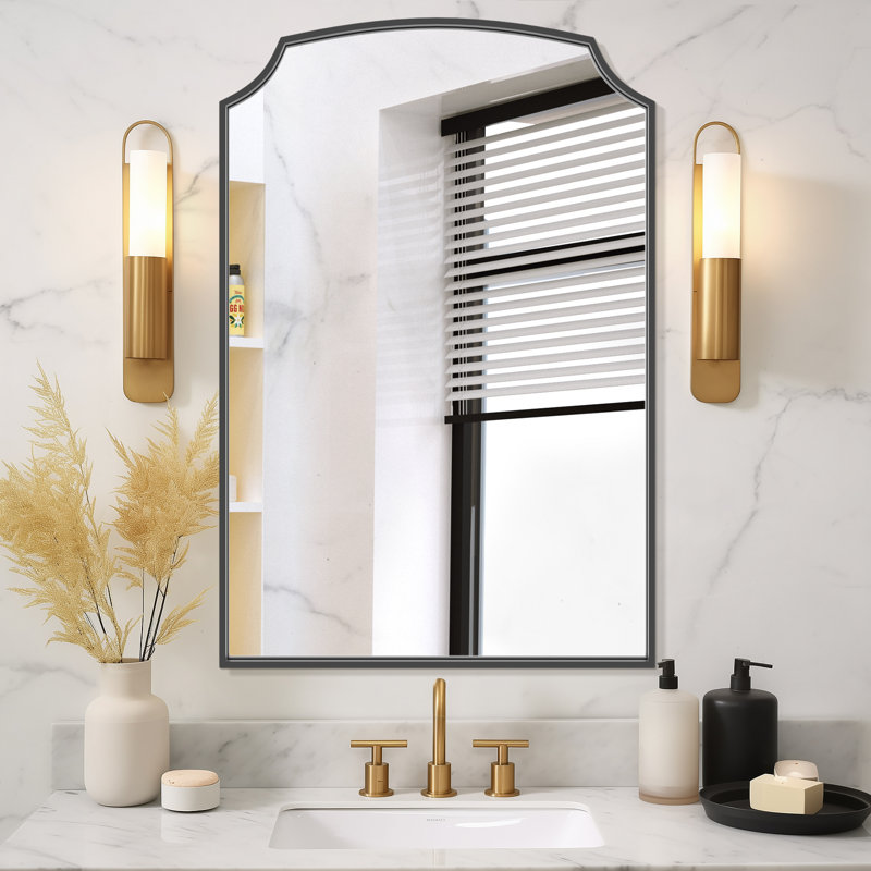 Iron Framed Arched Wall Mirror for Bathroom & Bedroom, Black, 30" x 22"