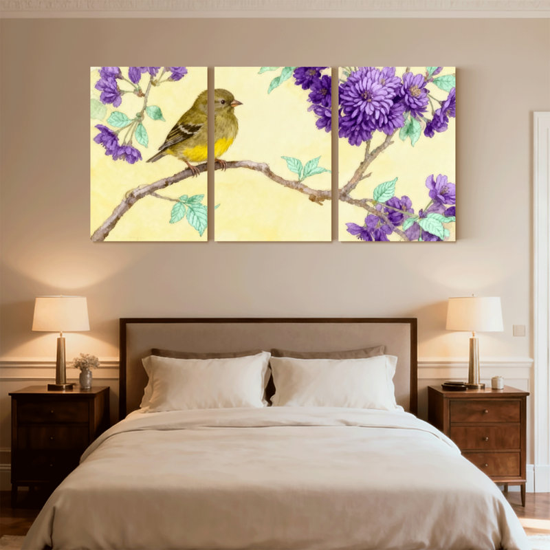 Oiseaux perchés sur une branche avec fleurs mauves, ensemble de 3 impressions sur toile, H 24 po x l 48 po