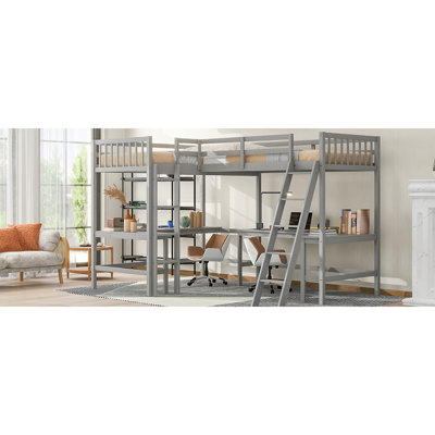 Twin Loft Bed With , 2 Built-in L-shaped Desks, Grey Wood - And Twin-size In & Desk Integrations Modern Bedroom Solution