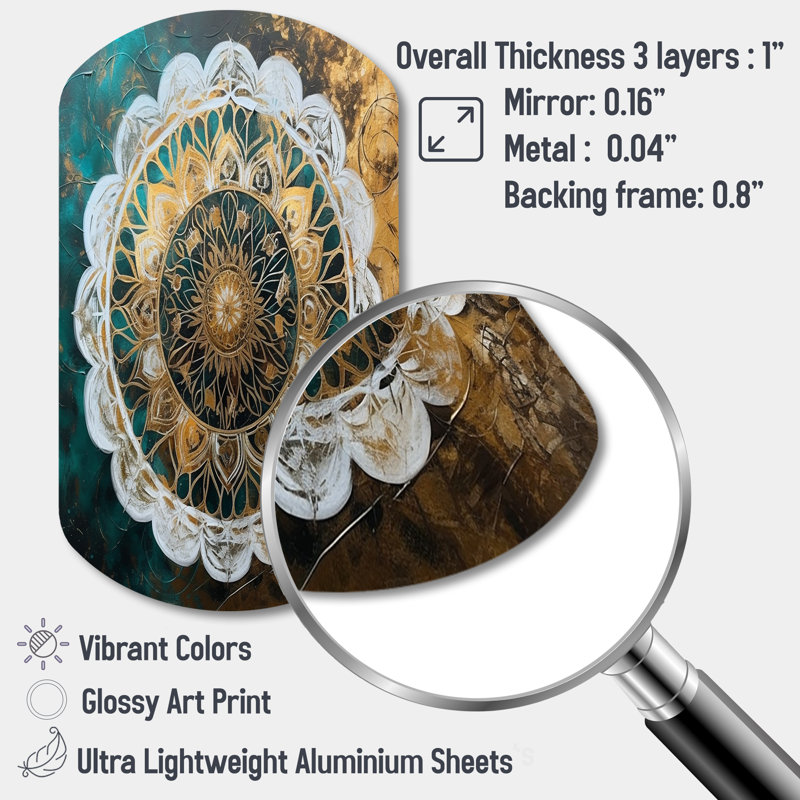 Sarcelle et or Mandala I - impression de cylindre mandala boho sur métal, décoration murale asymétrique traditionnelle en métal