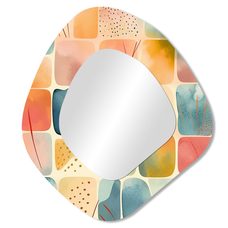 Motif orange amusant de formes III - décor géométrique unique de miroir mural, grand miroir asymétrique orange, impression d'art en métal