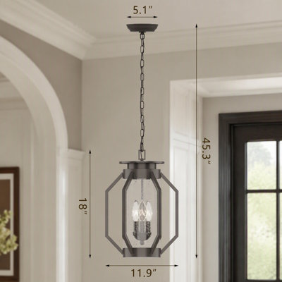 Lantern Farmhouse Chandelier Modern Black Outdoor Pendant Light with Seeded Glass Shade for Porch Patio Entryway 3 Light 18in