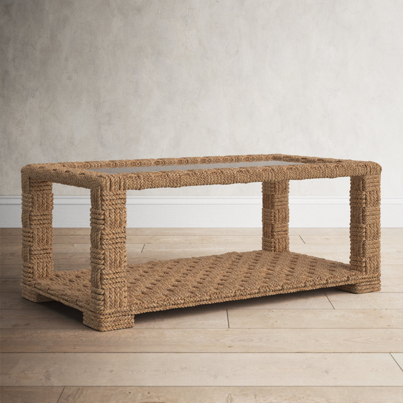 Clear Glass and Mahogany Rectangular Coffee Table with Storage Shelf