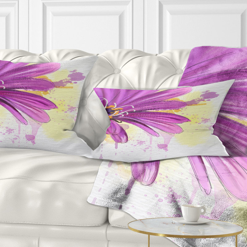 Coussin décoratif avec jolie fleur mauve et aquarelle
