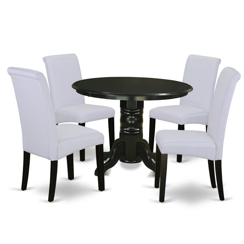 L'ensemble de mobilier de salle à manger 5 pièces comprend une table de cuisine ronde avec piédestal et 4 chaises de salle à manger Parson en tissu gris, noir