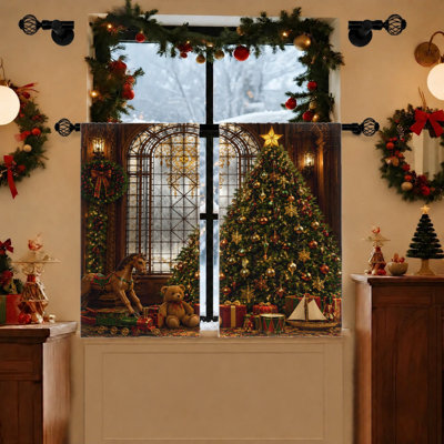 2Pcs Christmas Tree Window Curtains, Festive Holiday Scene Print, Light Filtering Fabric, Rod Pocket Design, Privacy Protection, for Living Room, Bedroom, Decoration