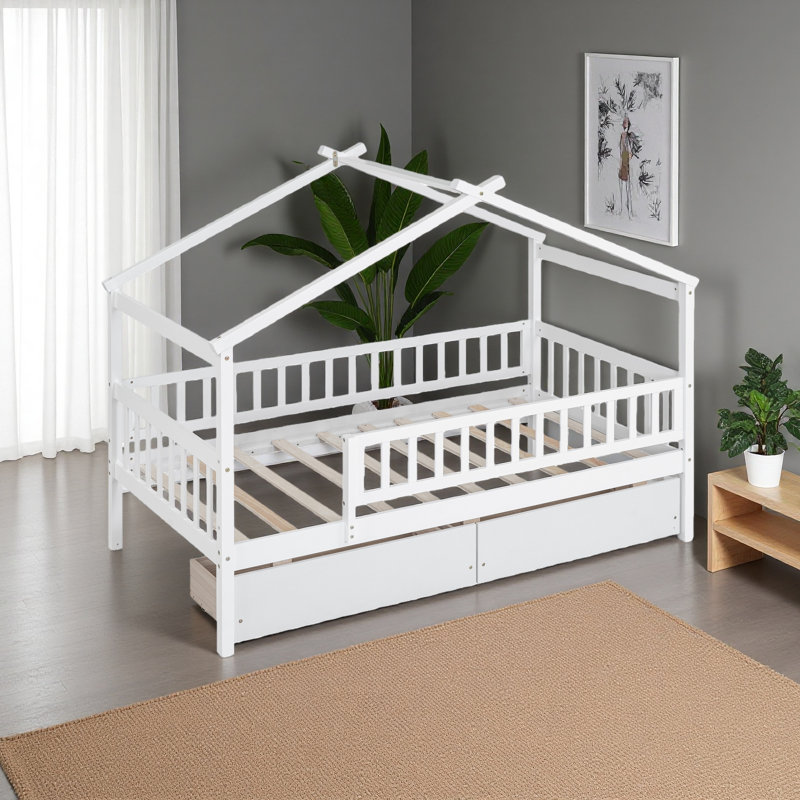 Lit simple en bois avec deux tiroirs, Blanc