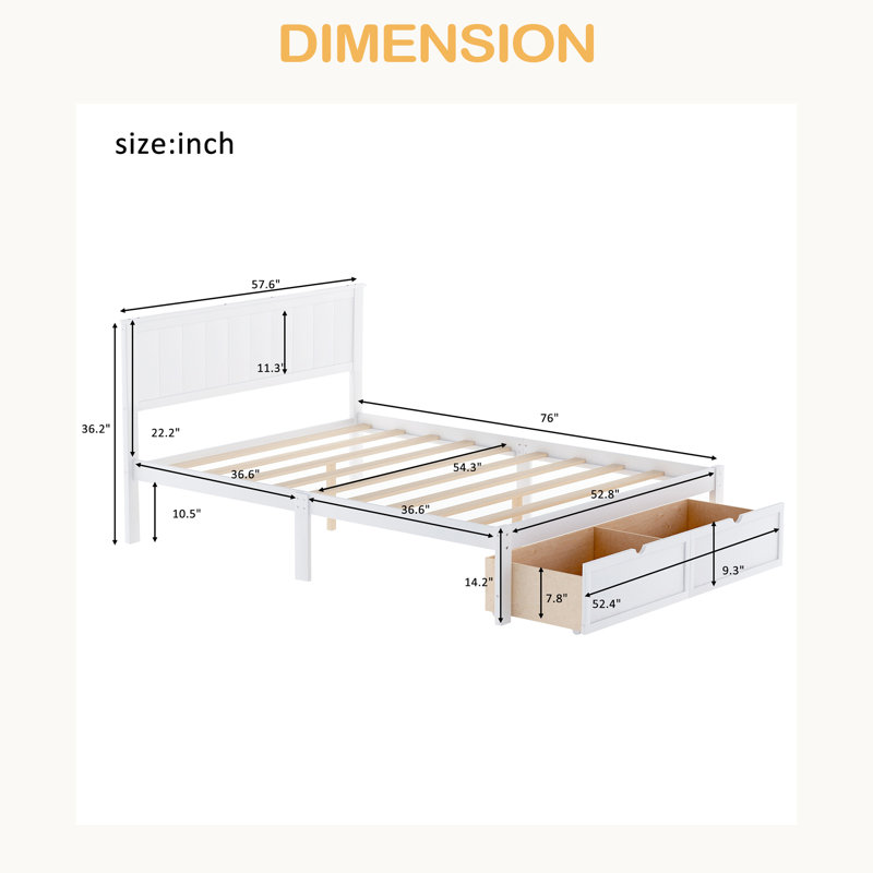 Lit plateforme double avec tiroirs sous le lit