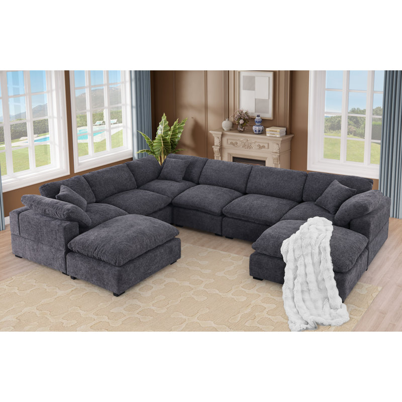 Worthland 143.2" W 8-Piece Reversible Chenille Modular Sectional , Dark Gray Chenille