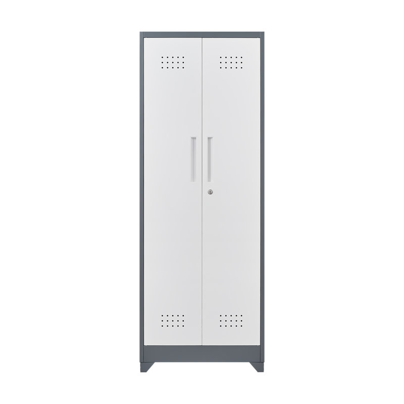 Broom Storage Cabinet With Locking Doors And Shelves, 65" H Metal Storage Cabinet With Hanging Rod & S-Hooks, Cleaning Tool Storage Cabinet Grey